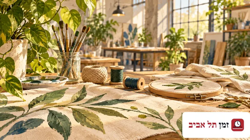 איור של בד עם ציור עלים, חישוק רקמה, חוטים ומכחולים על שולחן יצירה