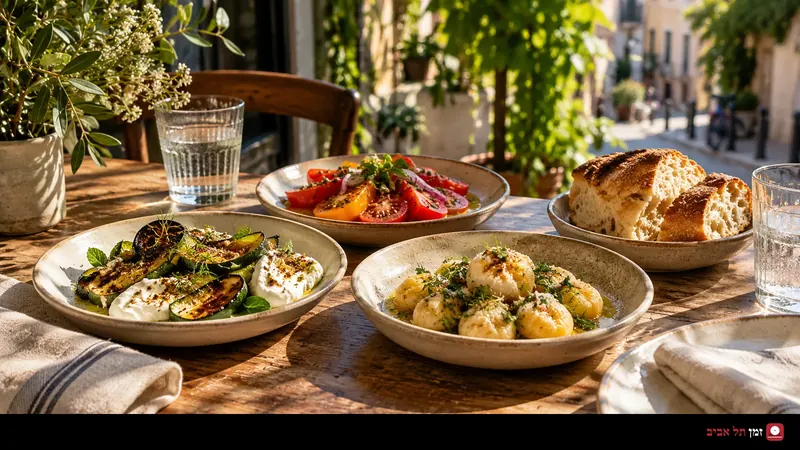 מנות קטנות, לחם וירקות על שולחן ביסטרו באור טבעי, באיור בהשראת תל אביב