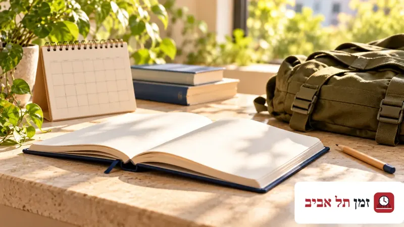 איור של מחברת לימודים פתוחה, לוח שנה ותיק ירוק על שולחן מואר