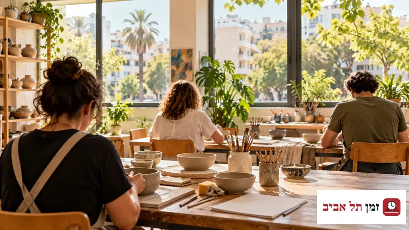 שלושה מבוגרים נראים מאחור בסדנת יצירה מוארת בהשראת מרכז קהילתי בתל אביב