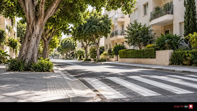 איור AI של מעבר חציה ומדרכה מוצלת ברחוב מגורים בסגנון תל אביבי